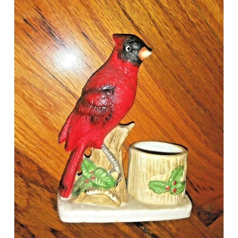 Red Cardinal Toothpick/candle holder Taiwan Bisque Porcelain Christmas Jasco 5